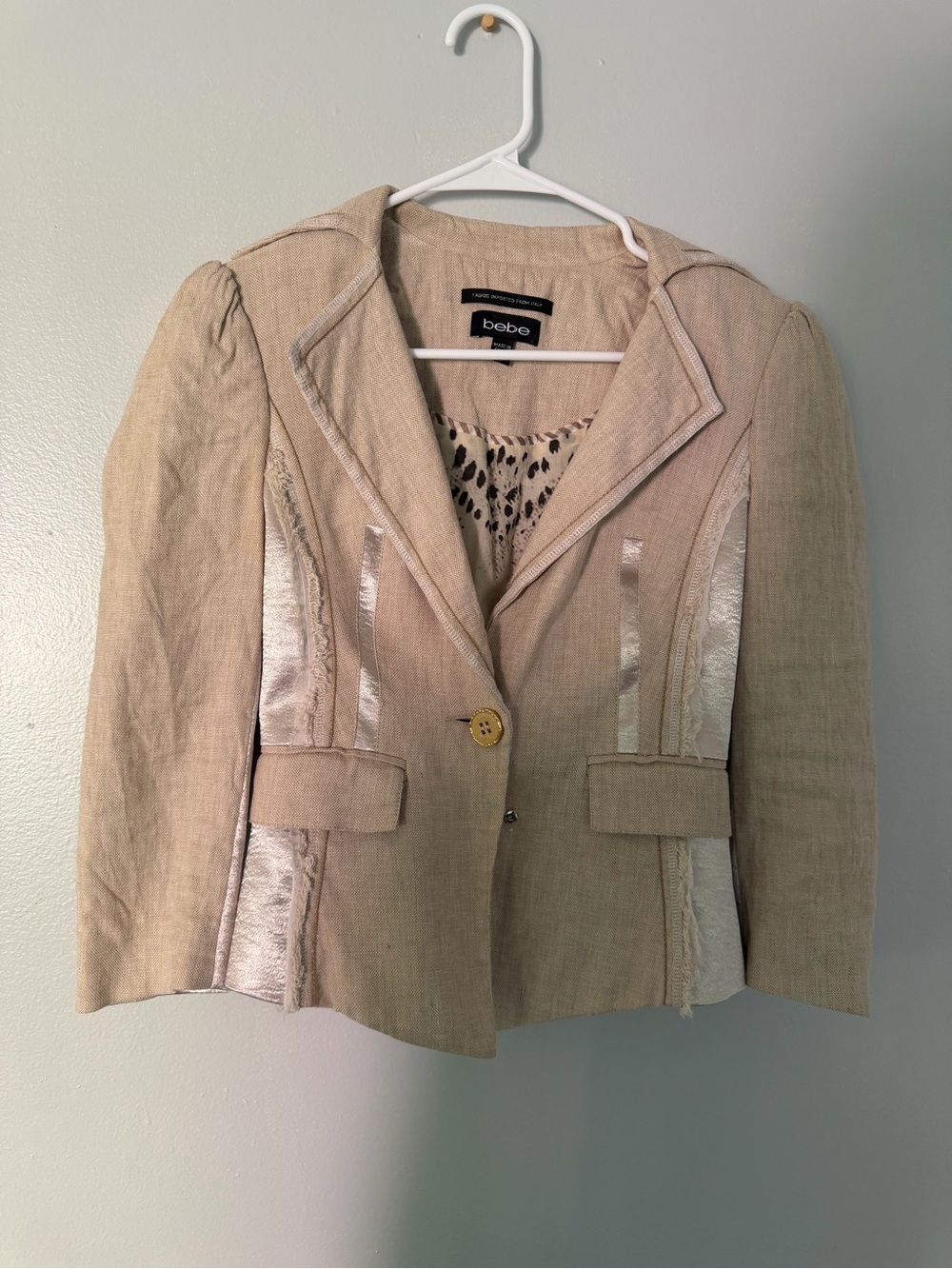 bebe Beige Linen-Blend Blazer with Metallic Trim